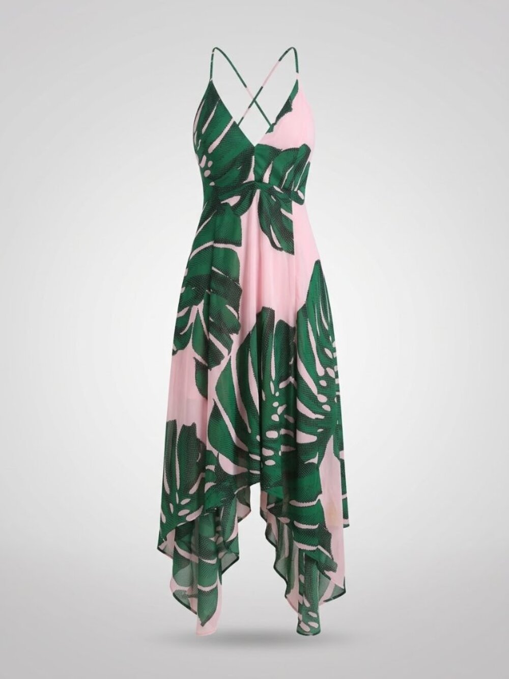 Pink Tropical Palm Leaves Print V-neck Criss-cross Halter Dress, Express Size 10